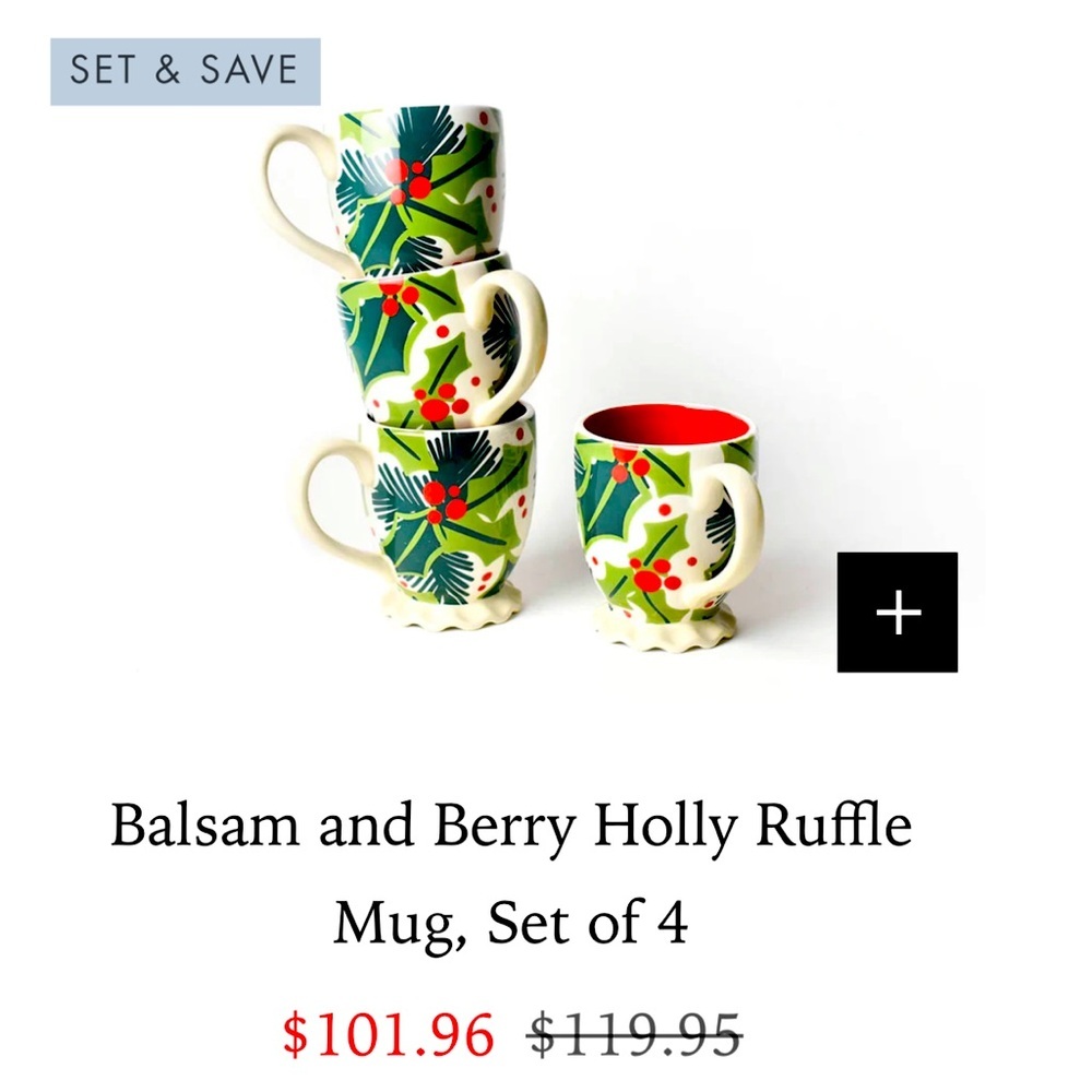 NWT COTON COLORS Balsam & Berry Holly Ruffle Coffee/Tea Mug/Cup Holiday 4pc set
